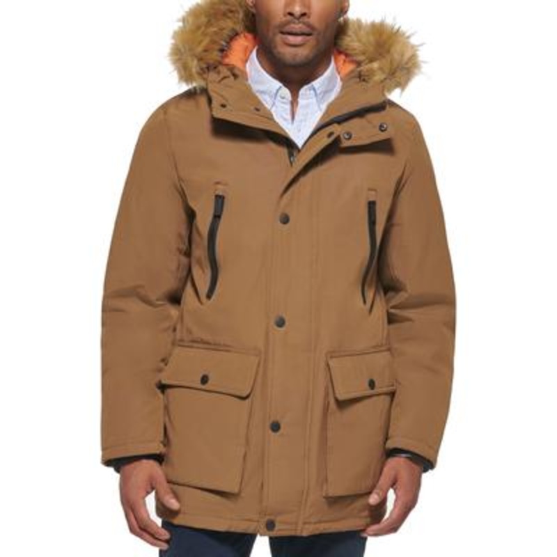 Club Room Men's Parka with a Faux Fur Hood Jacket Brown Small