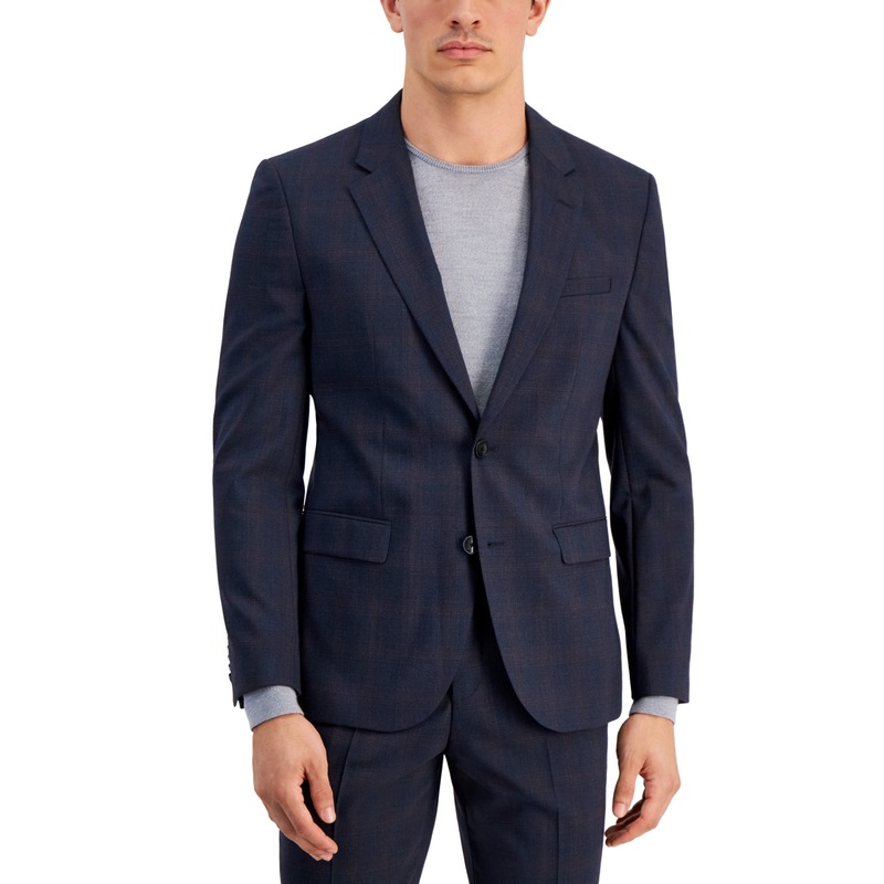 Hugo Boss Mens Modern Fit Dark Plaid Wool Blend Suit Jacket Blue 40R