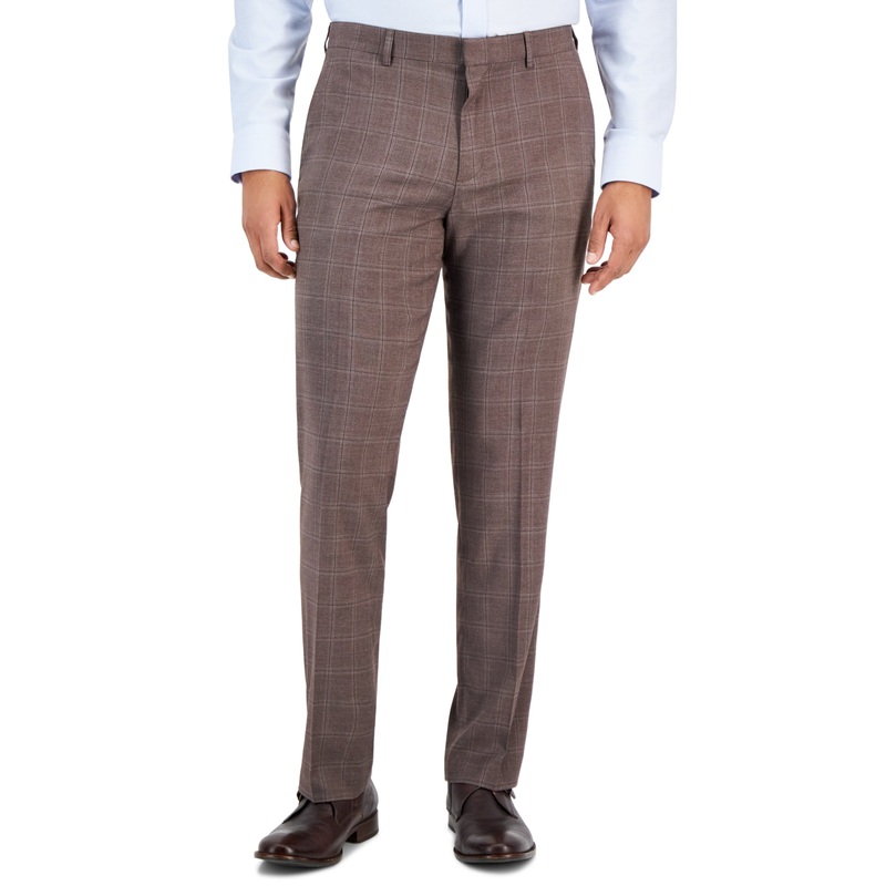 Perry Ellis Portfolio Mens Slim Fit Stretch Dress Pants Brown Plaid 34 x 32