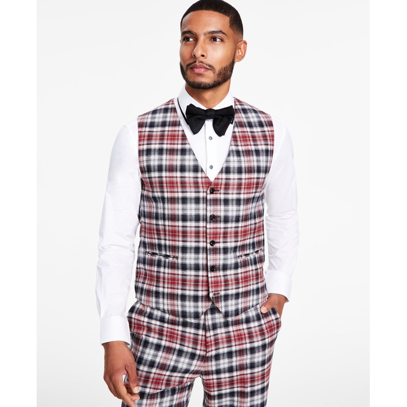 Tayion Collection Men's Classic Fit Black & Red Plaid Suit Vest Medium