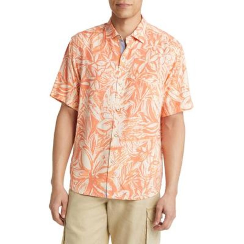 Tommy Bahama Mens Veracruz Cay Short Sleeve Button Up Shirt Orange Large