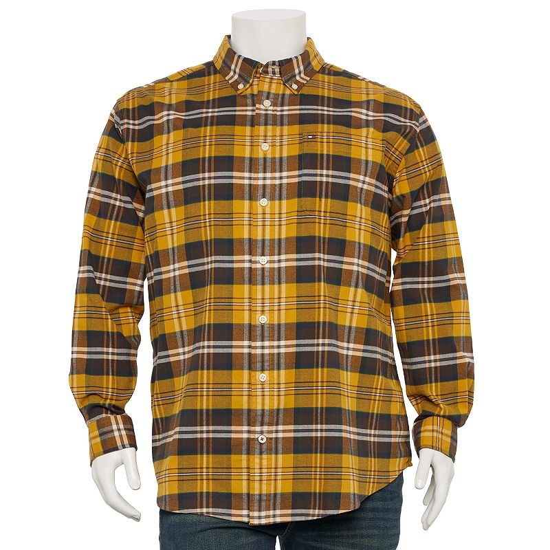 Tommy Hilfiger Mens Regular-Fit Plaid Button-Down Twill Shirt LT Large Tall Gold