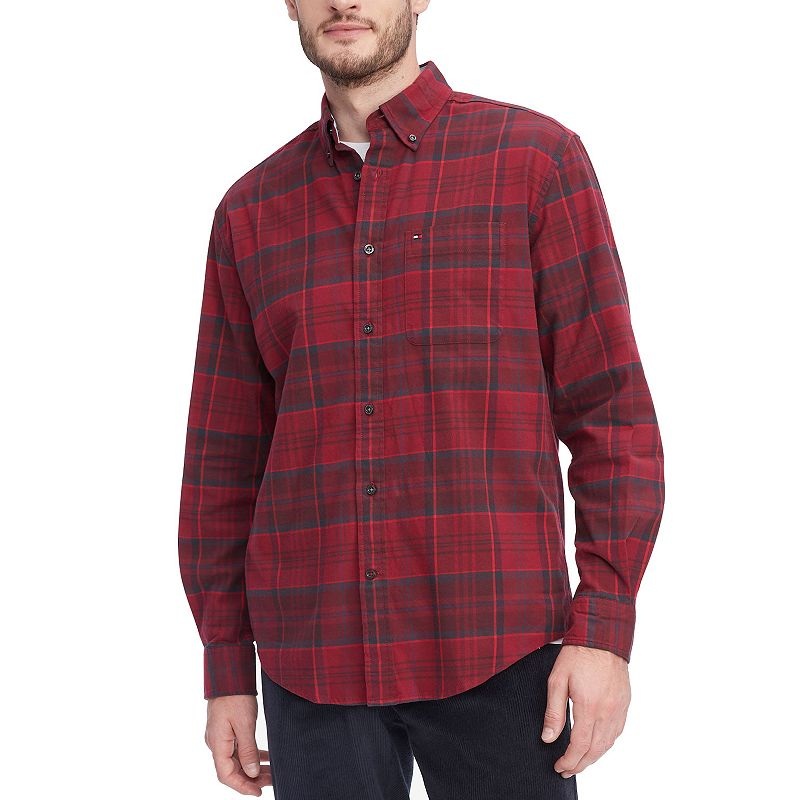 Tommy Hilfiger Mens Regular-Fit Plaid Button-Down Twill Shirt LT Large Tall Red