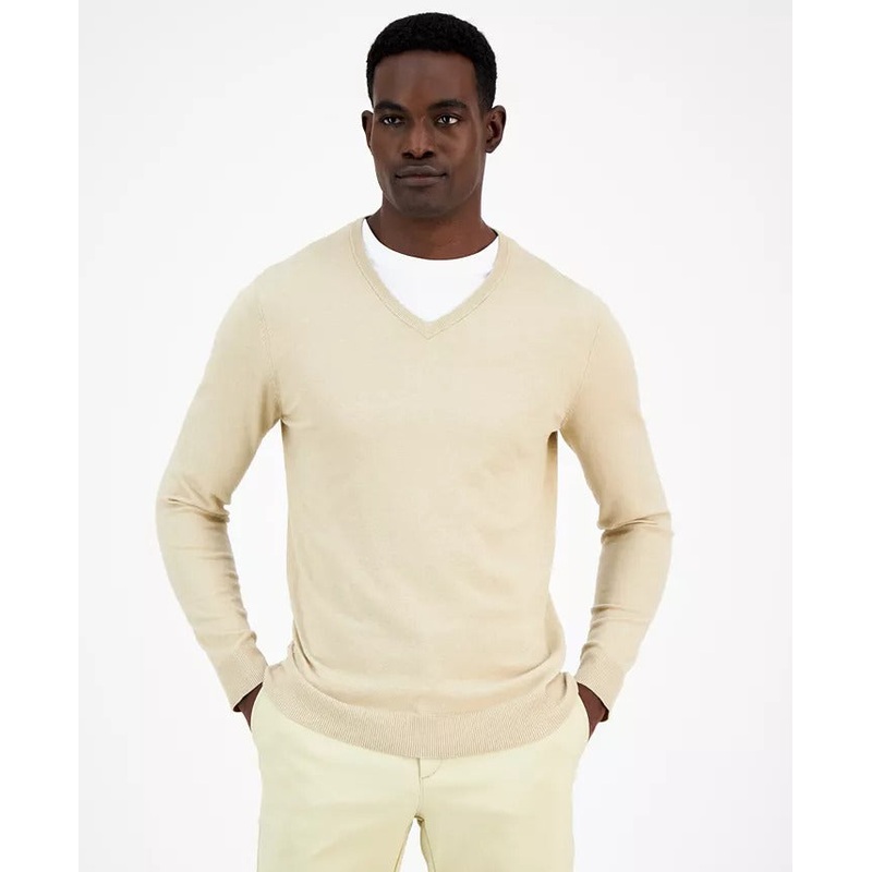 Alfani Mens Solid V Neck Cotton Sweater Twill Heather Beige 3XL