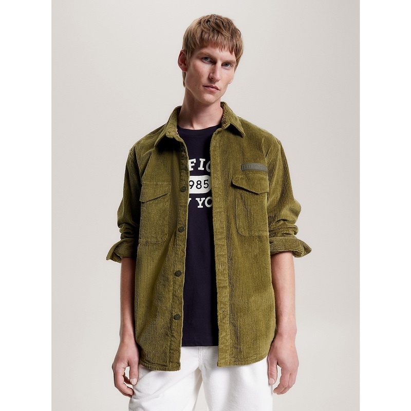 Tommy Hilfiger Mens Long Sleeve Button Front Corduroy Overshirt Jacket Green Large