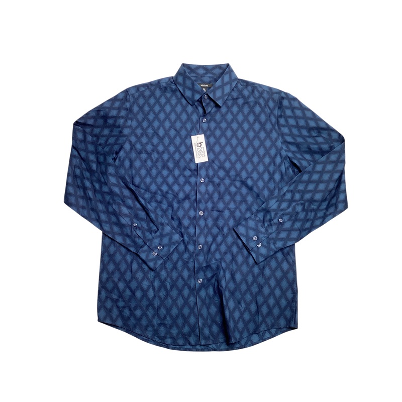 Alfani Men's Regular Fit Diamond Print Button Up Shirt Blue Small