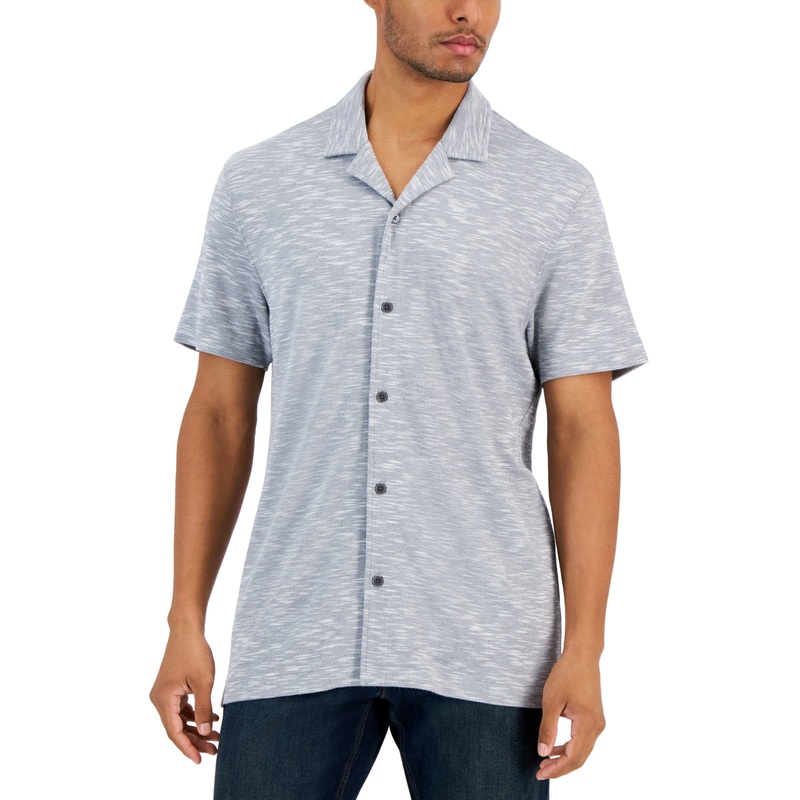 Alfani Mens Space Dyed Textured Button Up Shirt Grey 3XL
