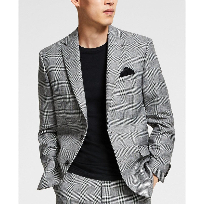 Bar III Men's Slim Fit Black White Plaid Suit Jacket 44L Sport Coat