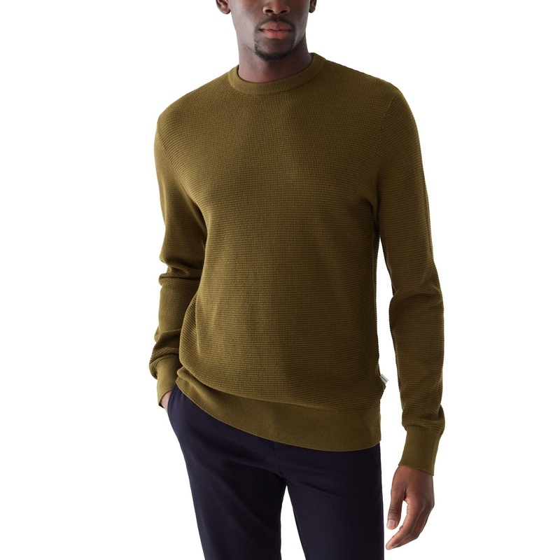 Frank And Oak Mens Dark Cotton Waffle Crewneck Sweater Green Large