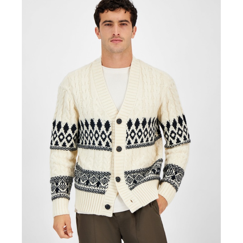 Native Youth Men's Relaxed Fit Fair Isle Cardigan Sweater Small White
