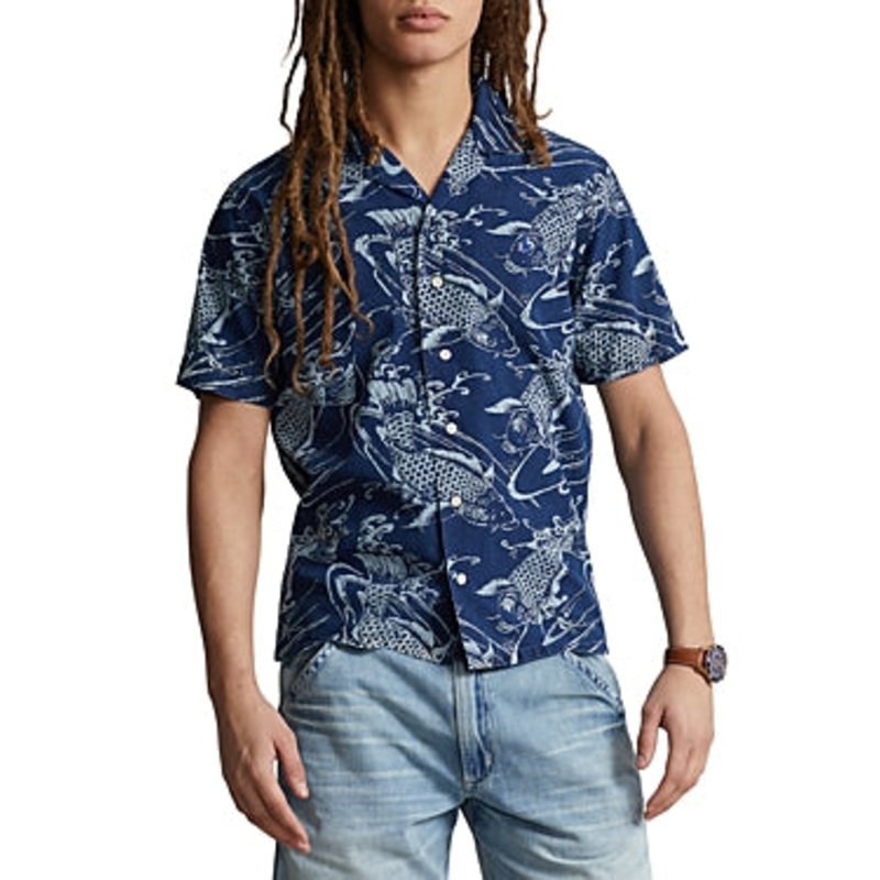 Polo Ralph Lauren Men's Classic Fit Koi Print Cotton Linen Shirt Blue Large