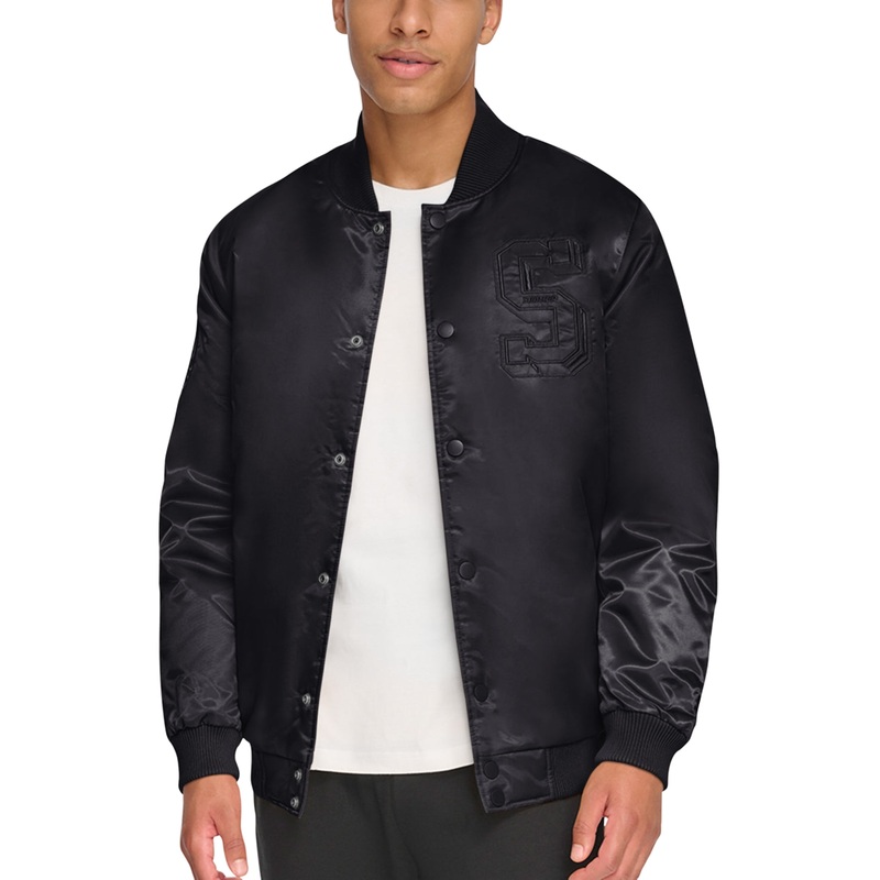 Starter Men's Classic Fit Tonal Satin Varsity Bomber Jacket Black Size Large