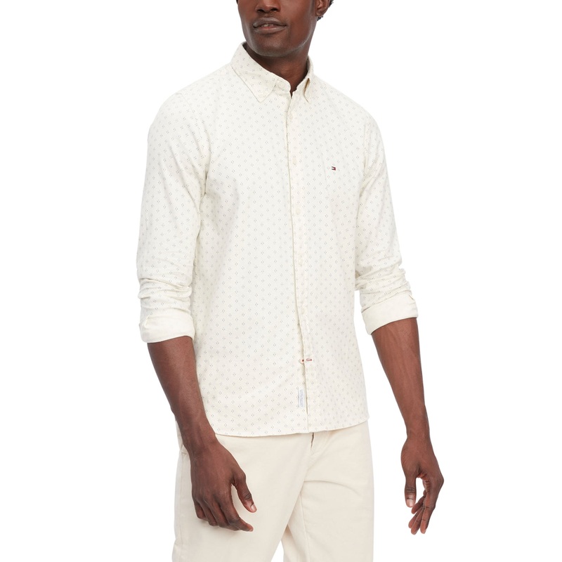 Tommy Hilfiger Mens Flex Slim Fit Twill Button Up Shirt Beige Large