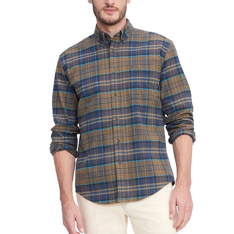 Tommy Hilfiger Mens Wastley Button Up Plaid Shirt Green XLT
