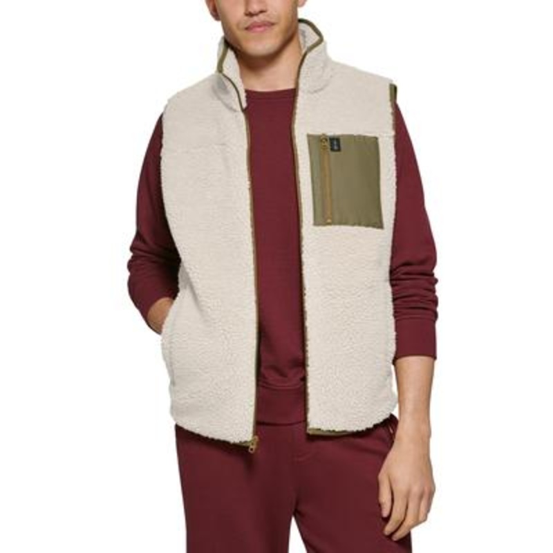 BASS OUTDOOR Mens Coastal Fleece Full-Zip Vest Khaki Military Olive Large