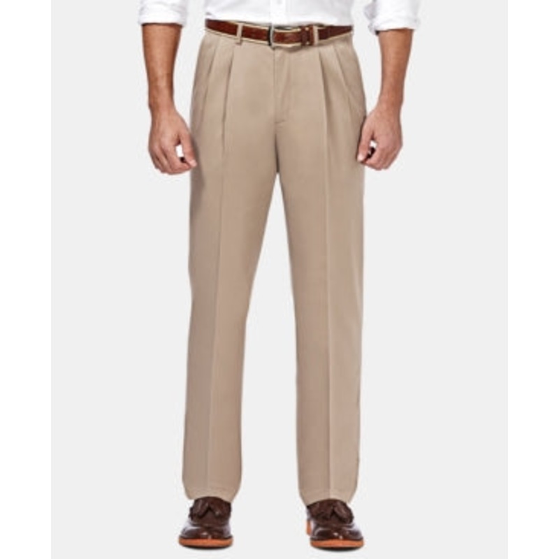Haggar Premium Mens Non Iron Classic Fit Pleated Khaki Dress Pants Beige 40 x 32