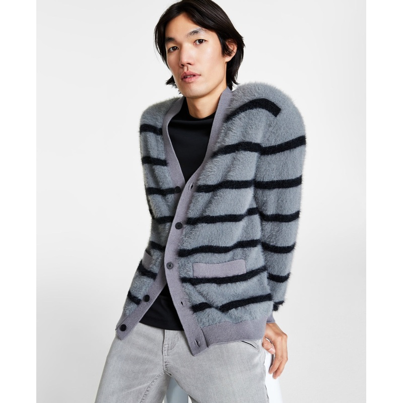I.N.C. International Concepts Men's Tyler  Striped Grey Cardigan Sweater Medium