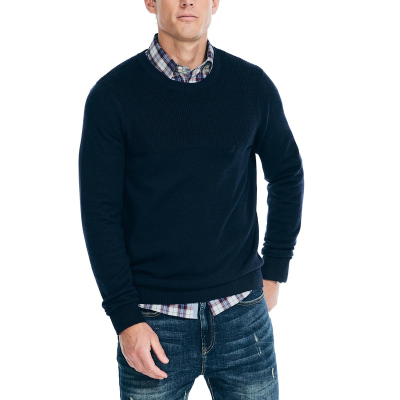 Nautica Mens Regular fit Long Sleeve Crewneck Sweater Large Navy Blue Solid