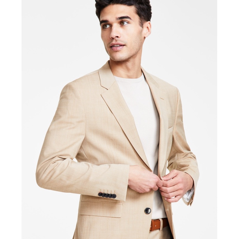 Hugo Boss Mens Slim fit Suit Jacket Blazer 46 R Beige Solid Superflex Stretch