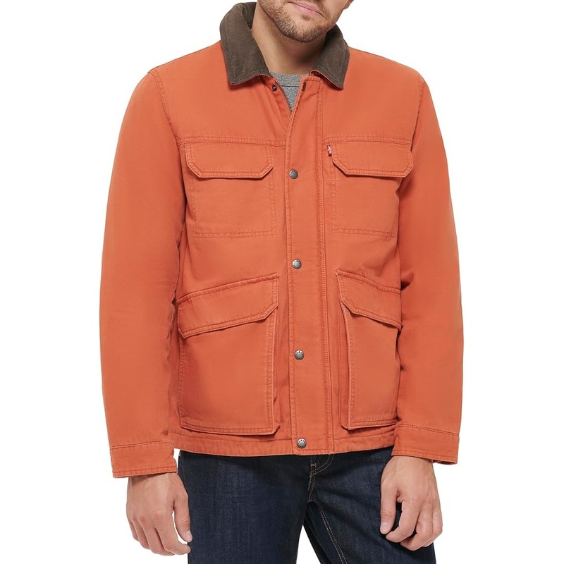 Levi's Mens Regular fit Field Jacket Coat Small Orange Solid Four Pocket Cotton