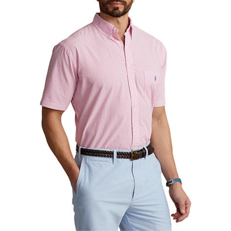 Polo Ralph Lauren Mens Seersucker Short Sleeve Button-Up Shirt 3XLT Red Striped