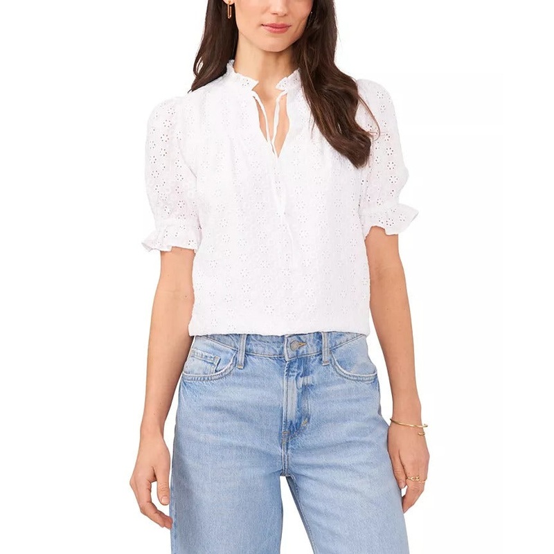 1.STATE Women's Eyelet Short Sleeve Tie Neck Blouse Top XXS White