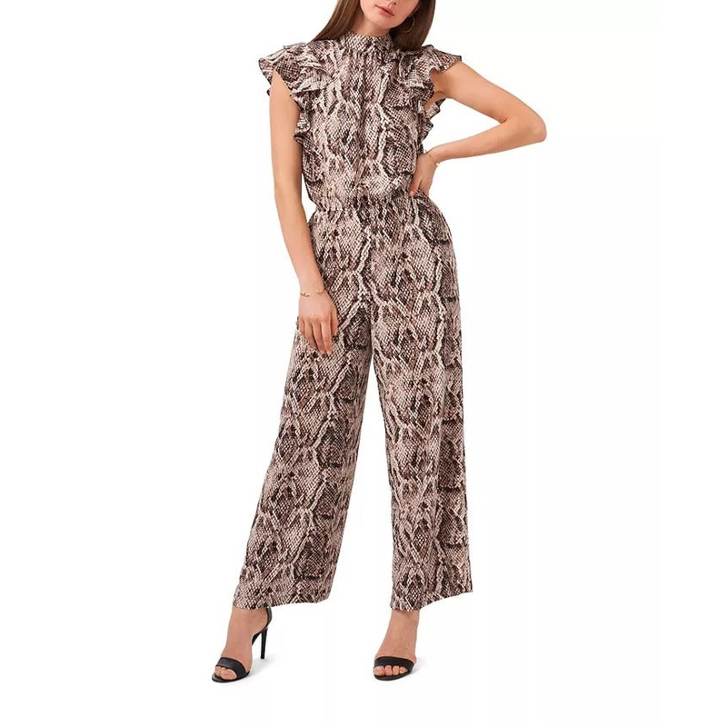 1.STATE Women's Flutter Sleeve Printed Mock Neck Jumpsuit Small Brown