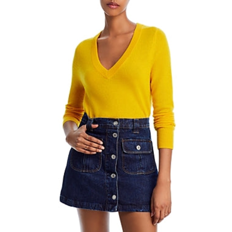 AQUA Cashmere Womens V-Neck Cashmere Sweater Small Sunflower Yellow