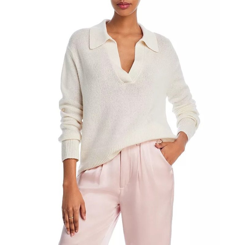 AQUA Womens Cashmere Polo Cashmere Sweater Large Beige Tan