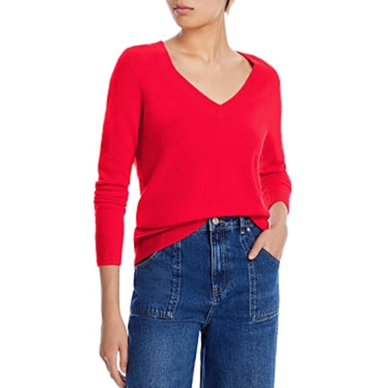 AQUA Womens Cashmere V-Neck Cashmere Sweater Small Big Apple Red
