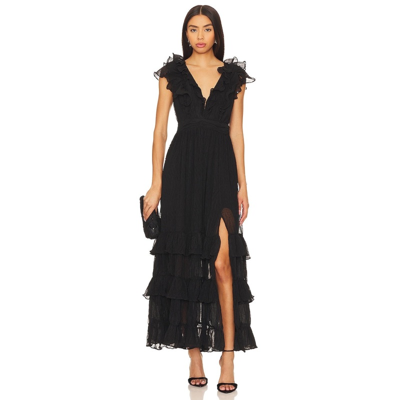 ASTR the Label Women's Tiara Tiered-Ruffled V-Neck Dress Size Medium Black