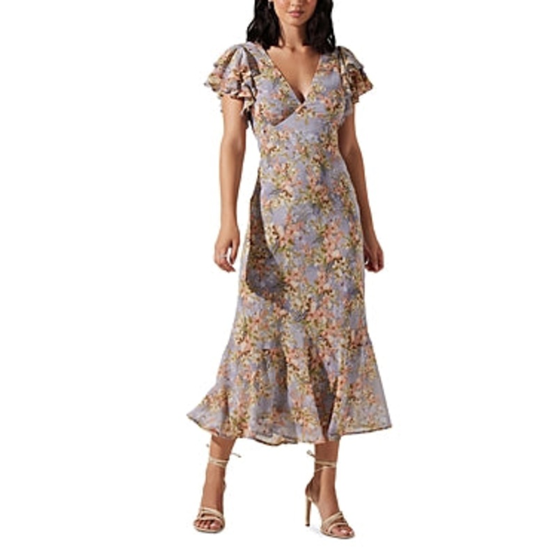 ASTR the Label  Womens Floral Print Tea Length Sheath Dress Size Small Blue