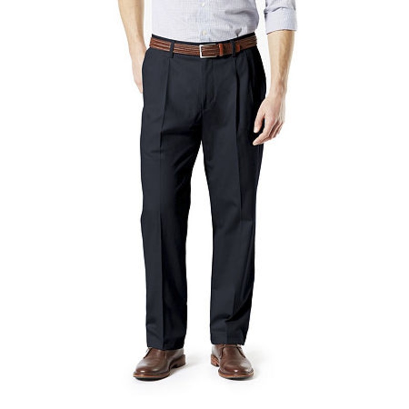 Dockers Mens Classic fit Casual Pleated Khaki Pants 38 / 30 Blue Solid Stretch
