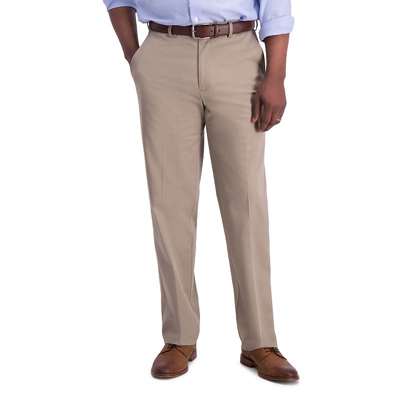 Haggar Mens Classic fit Casual Pants 34 / 31 Beige Solid Stretch
