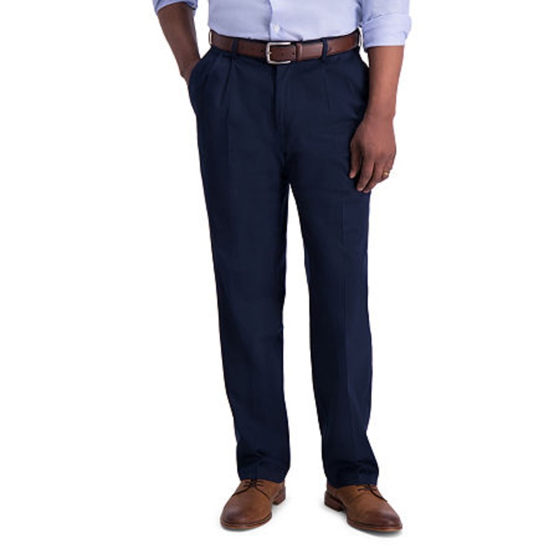 Haggar Mens Classic fit Casual Pleated Khaki Pants 36 / 31 Blue Solid Stretch