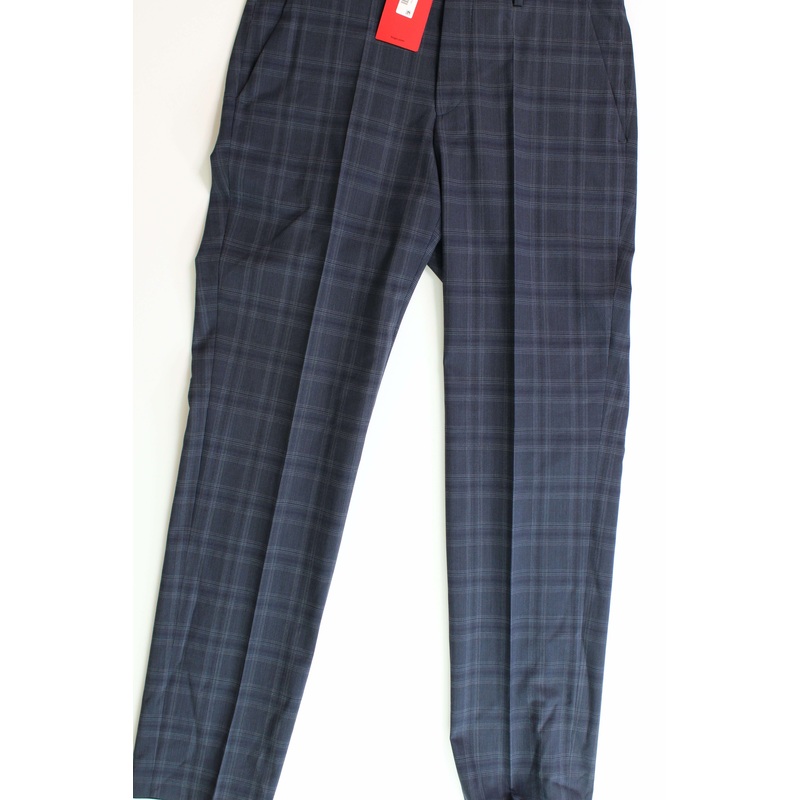 HUGO BOSS Men's Regular-Fit Navy Plaid Wool Dress Pants 30 x 32 Navy Plaid