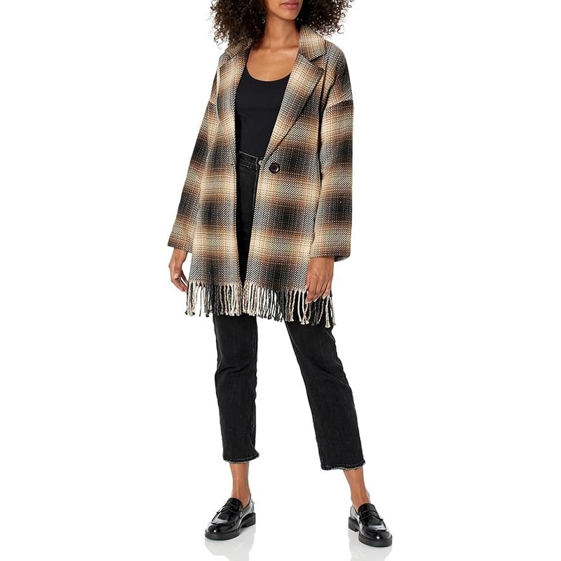 Karen Kane Women's Plaid Fringe Jacket Coat Large Brown Wool Blend