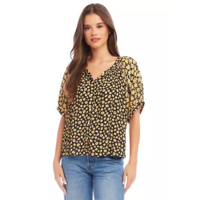 Karen Kane Women's Ruffle Sleeve Peasant Top Blouse Small Black / Yellow