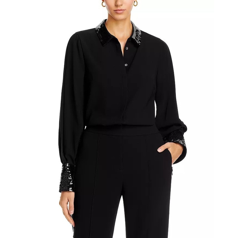 Kobi Halperin Womens Linden Sequin Trim Blouse Top XL Black