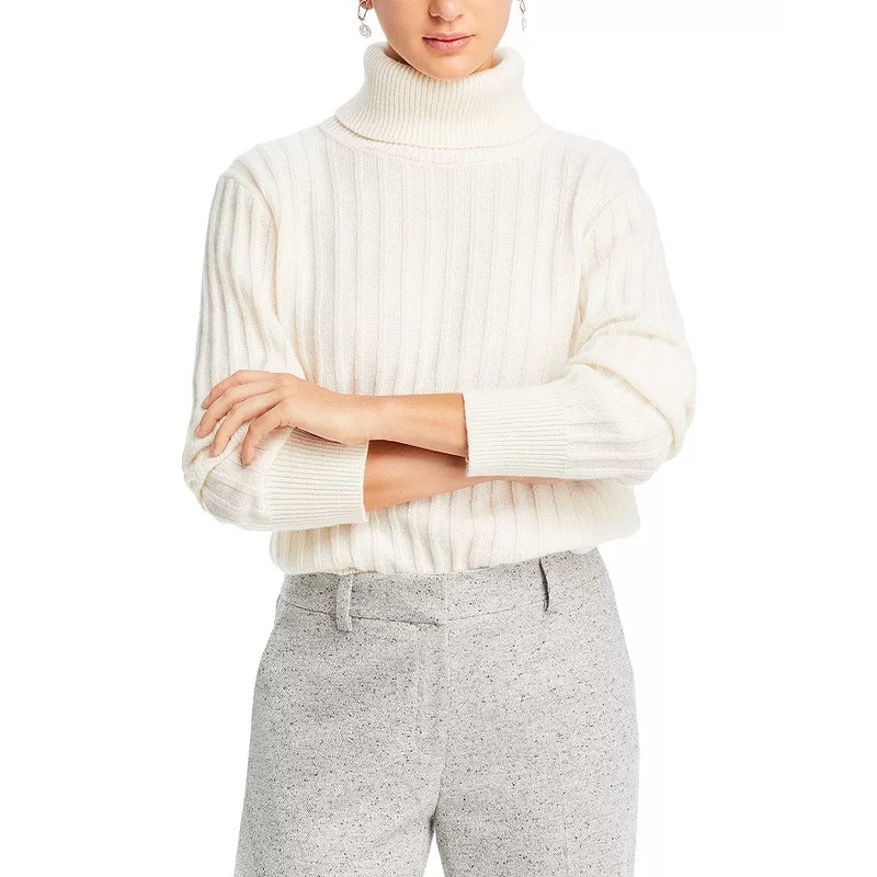 Lafayette 148 New York Womens Cashmere Wide Rib Turtleneck Sweater Medium White