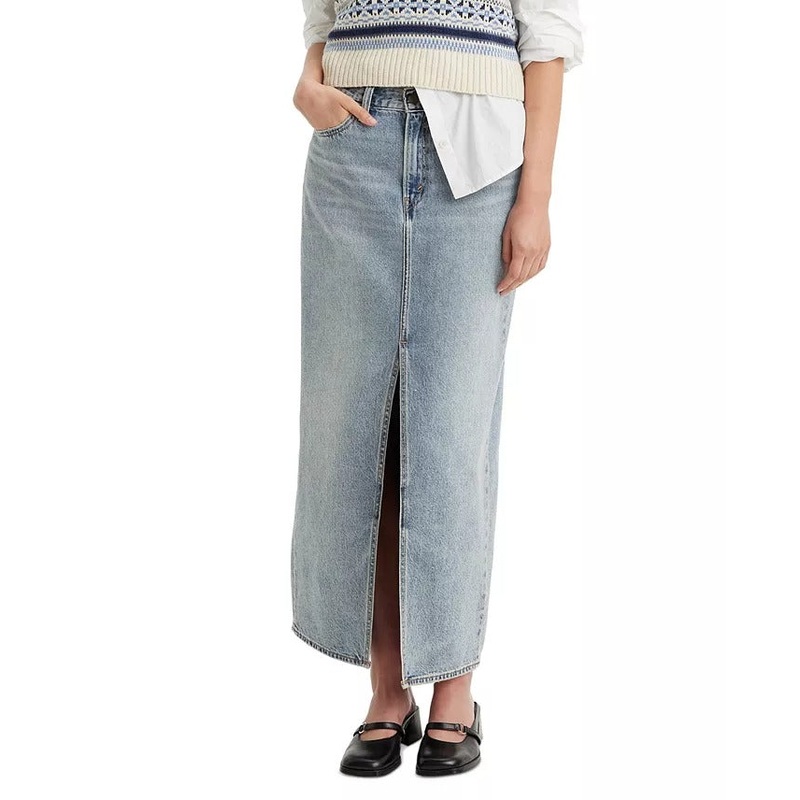 Levi's Women's Cotton Denim Front-Slit Ankle Column Skirt Size 25 Waist Blue
