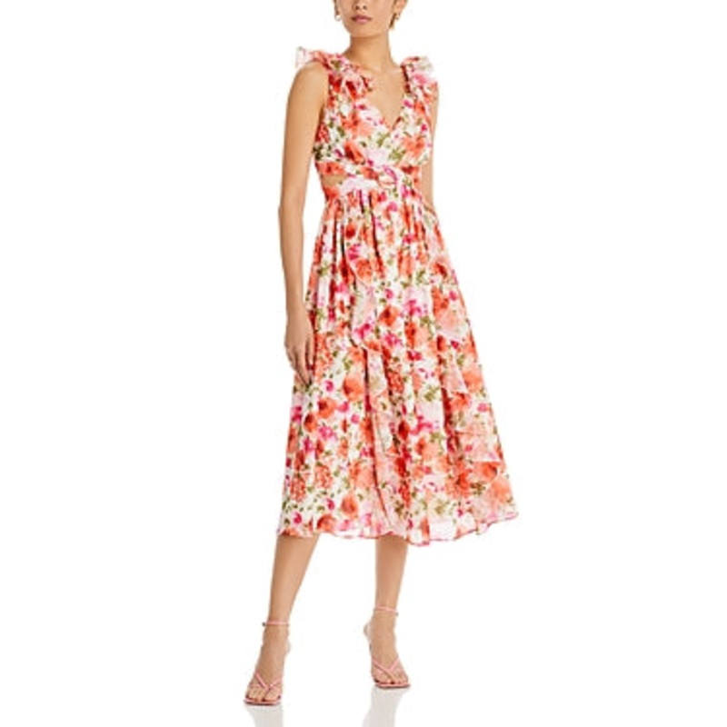 Lucy Paris Womens Elliot Ruffle Midi Dress XS Red Orange Floral