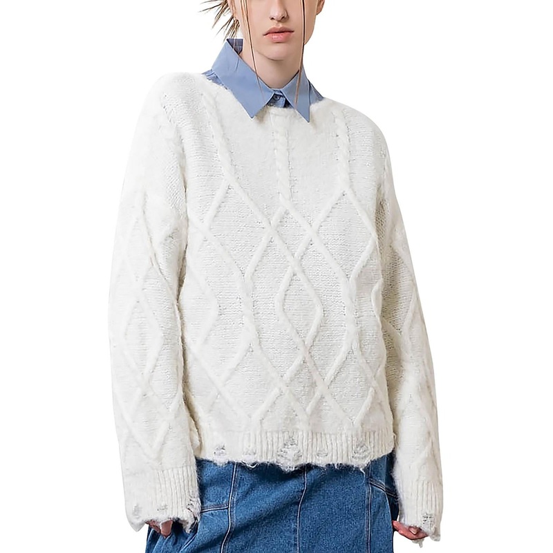 Moon River Womens Cable Knit Destroyed ed Sweater Medium / Large White