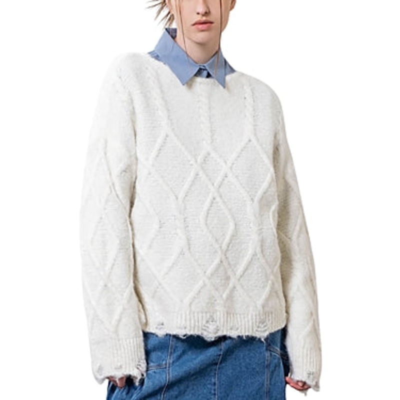 Moon River Womens Cable Knit Destroyed ed Sweater XS / Small White