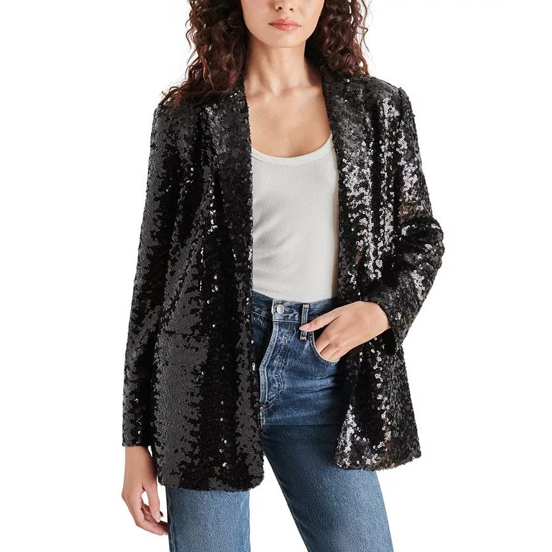 Steve Madden Women's Imann Sequined One-Button Blazer Jacket Medium Black