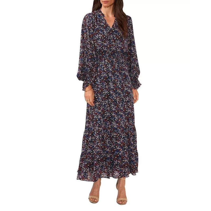 VINCE CAMUTO Long Sleeve Floral Print Maxi Dress XL Black