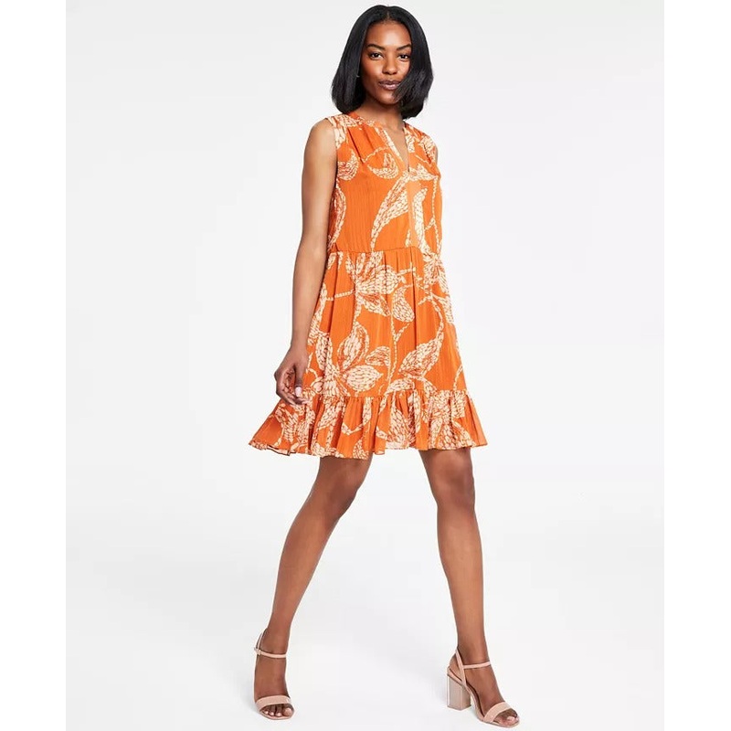 Vince Camuto Women's Split-Neck Sleeveless Ruffled-Hem Dress Small Orange