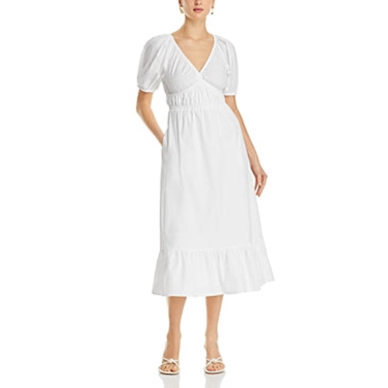 vineyard vines Women's Marina Poplin Puff-Sleeve Midi Dress XS White V Neck