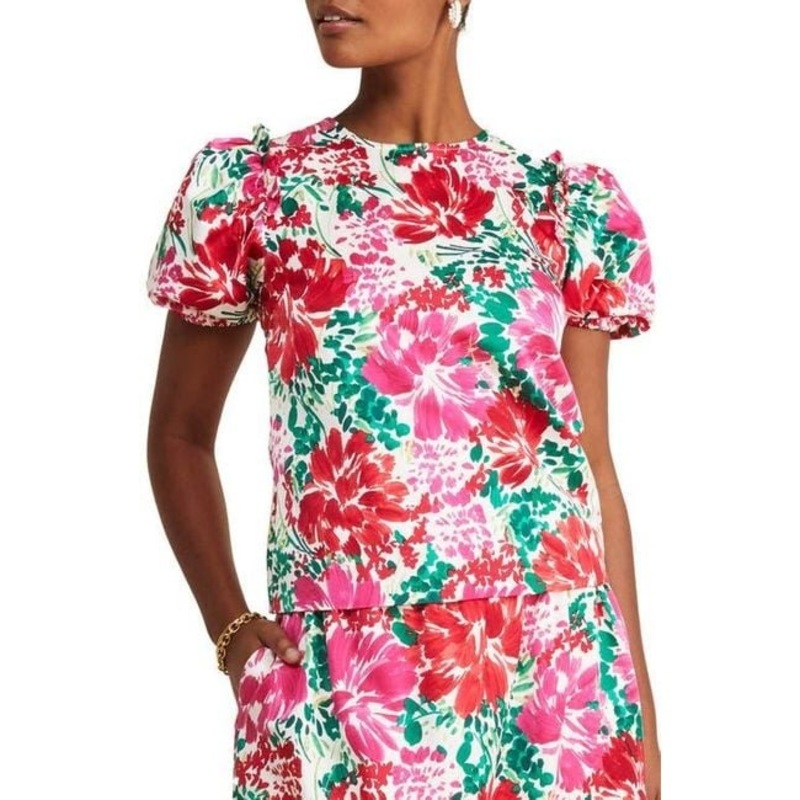 Vineyard Vines Womens Brush Floral Print Puff Sleeve Top Size Large Red Floral