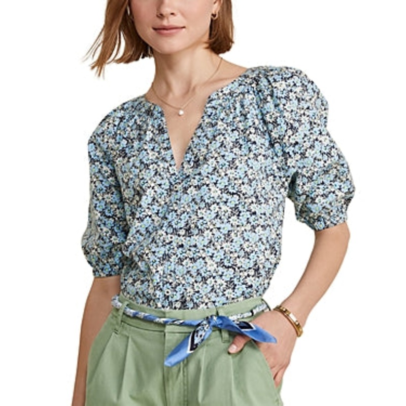 Vineyard Vines Womens Puff Sleeve Button Front Top Shirt Medium Blue Floral